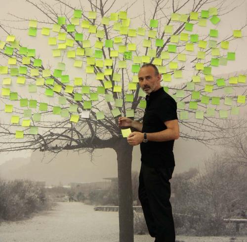 WORKS OF RALPH HUTCHINGS - tree of life. 2.5m x 2.5m. The public is invited to write their future on green 'post-its' and add them to the tree.